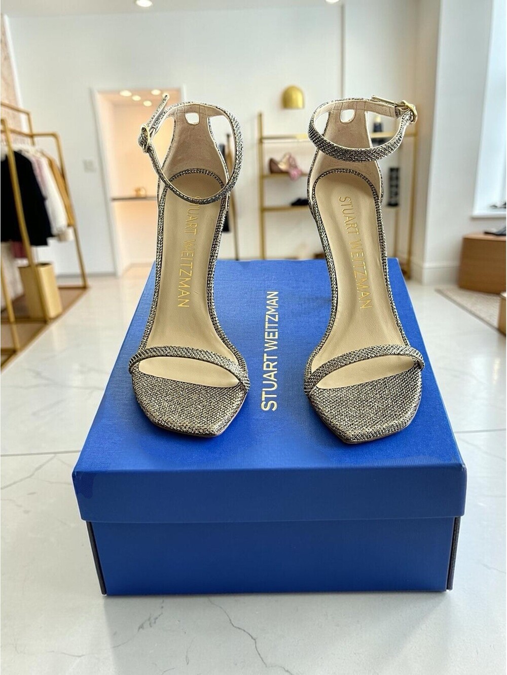 Stuart Weitzman Nudistcurve Heels  Fine Glitter Gold New- Size 7.5 MSRP $475 NWB